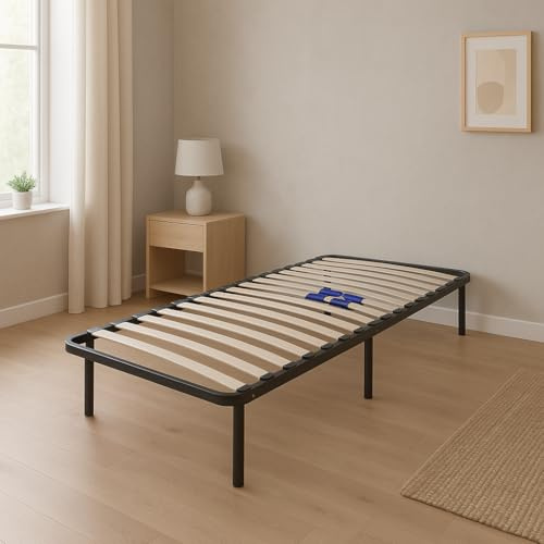 King of Dreams Marion - Sommier Noir Cadre a Lattes Renforcé et Soutien Réglable + Pieds 70x190 x 29 cm en Metal - Montage Rapide et Facile - epaisseur du Metal +/- 1,2 mm 17 Lattes en 9mm
