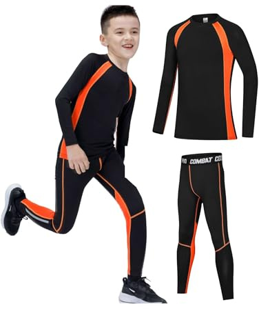 Echinodon Kids Sports Base Layer Set Boys Compression Long Sleeve Gym Tops Leggings Quick Dry Riding Football Underwear Orange S