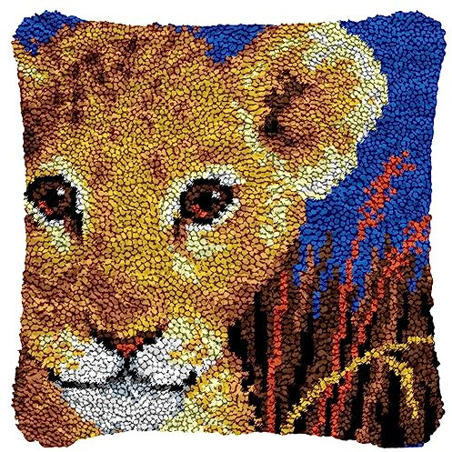 DIY Knüpfkissen Zum Selber Knüpfen Set, Knüpfhaken-Set Kissenbezug Knüpfteppiche Set Kissen Knüpfen Latch Hook Kit Handgemachte Geschenke Für Kinder Und Erwachsene Löwe,43x43cm