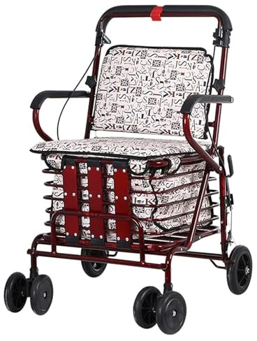 Kundvagn Walker med sits och hjul Fällbar shoppingvagn Äldre Rollator Bärbar lätt gåhjälp Present till mamma pappa (Size : Wine Red)