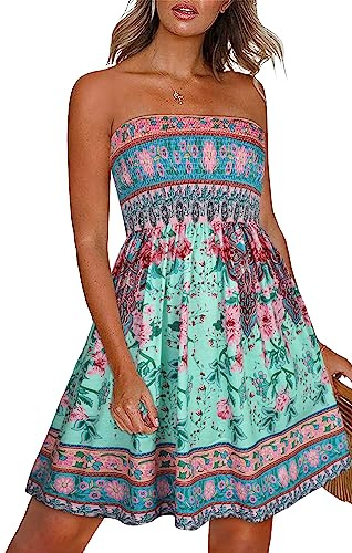 florynova Summer Dresses for Women Beach Coverups Strapless Casual Sleeveless Sundress（Green Pink Boho，L