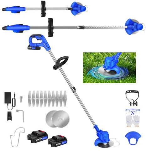 21V Electric Strimmer Lithium-Ion Cordless Electric Weed Sweeper, 1HR Fast Charge Lightweight Lawn Edge Trimmer, 2 * 1500mAh Batteries and 10 Metal Blades, 1 Circular Saw Blade, Blue