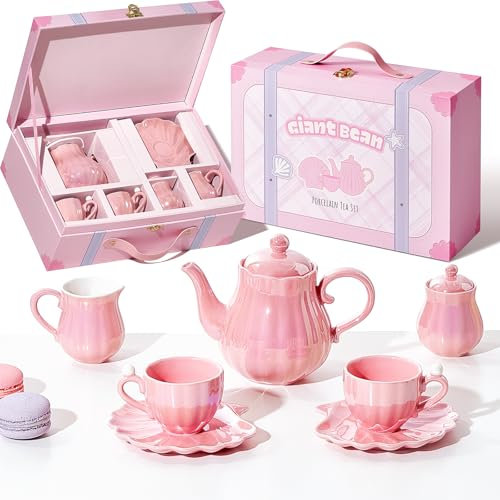 Giant bean Teeservice Kinder Porzellan 10-Teiliges, Perle Rosa Serie der britischen Königlichen Prinzessinnen Puppengeschirr Porzellan, Tee Service Set für Kleine Mädchen Kinder 3+