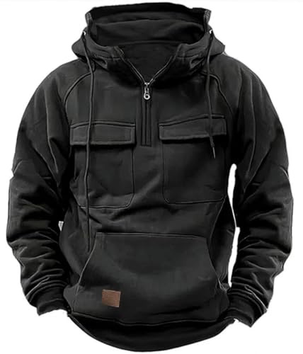 PADOLA Pull Homme 1/4 Zip Veste Polaire Cargo Sweat Manches Longues Multi-Poches Sweat à Capuche Vintage Rétro Pulls Automne Hiver Hoodie Pull de Travail Tricot Veste mi Saision (0 Noir, L)