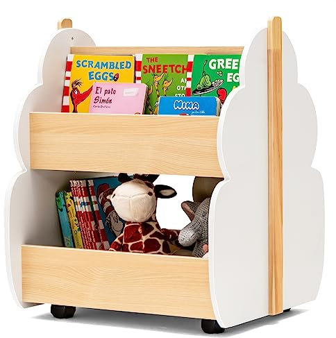 COSTWAY Kinder Bücherregal auf Rollen, 2 Ebenen Spielzeugregal aus Holz, 52 x 46 x 62,5 cm (Weiß+Natur)