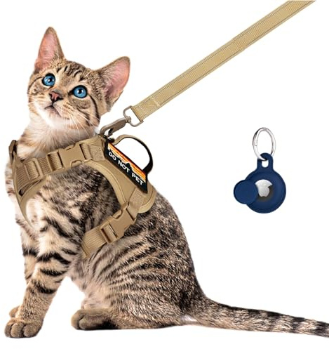 nanappice Tactical Cat Harness and Leash Set for Walking, Adjustable Escape Proof Pet Vest for Large Cat, Easy Control Breathable Vest with Handle，Molle Patches (Khaki+Leash, L)
