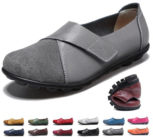 Mashanggou Chaussures en cuir suédé pour femmes, Mocassins orthopédiques en cuir respirant à talon plat pour conduite, chaussures de travail, de bureau et pour infirmières, gris, 37 EU