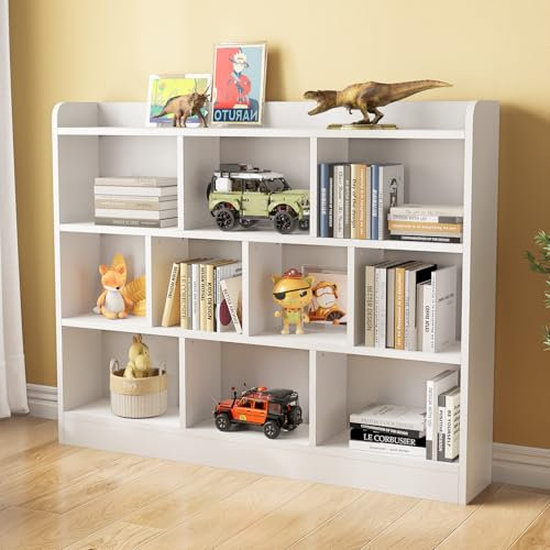 oneinmil Bücherregal mit 10 Fächern, Würfelregall mit 3 Ebenen, Aufbewahrungsregal für Wohnzimmer, Schlafzimmer, Büro, Arbeitszimmer, Modernes offenes Regal aus Holz, 140 x 24 x 112.8 cm, Weiß