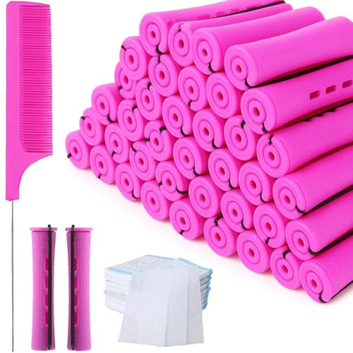71PCS Perm Rods Hair Rollers Perm Kit, 40 Perm Rods 1 Comb and 30 Paper Plum Red Hair Roll 0.75inch for Long Short Hair Styling Tool Hair Curlers Diy Hairstyle