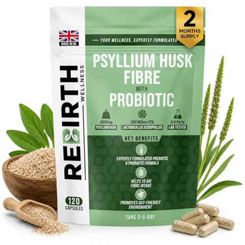 Psyllium Husk Fibre Supplement 4000mg with Probiotic Acidophilus – 120 Capsules, High Fiber Supplement for Digestion & Gut Health,3rd Party Lab Tested, UK Made by Rebirth Wellness