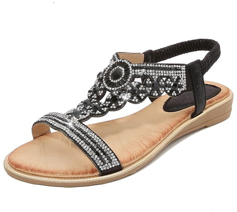 Sandales Femme Été Plates Sandales Strass Bohème Sandales Confortable | Sandales Habillées Nu-Pieds Antidérapantes Sandales Compensées Mode Pailletées Sandales de Mariage Bride Arrière Élastique