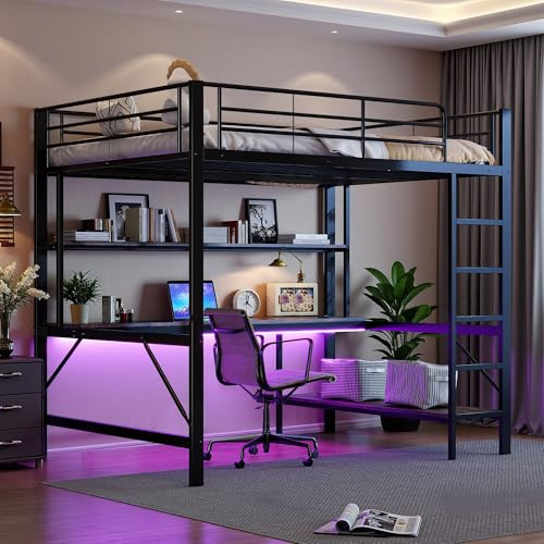 Cama alta para niños de 140 x 200 cm, litera de matrimonio de 140 x 200 cm, de metal con enchufes USB y eléctricos, con iluminación LED, escritorio, con barandillas y escalera, varios estantes, color