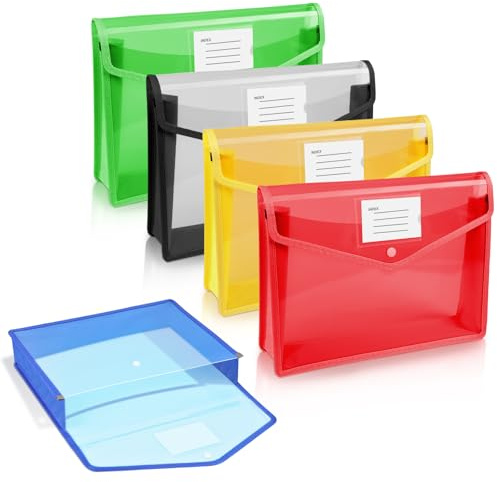 Vicloon5pcs Carpeta de Archivos de Plástico A5, Carpeta con Diseño Transparente y Bolsillo, Carpetas Archivadoras de Plástico Cierre de Botón a Presión, Oficina, Escuela-Multicolor/Horizontal