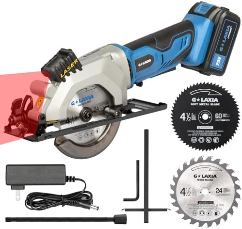 G LAXIA Mini Circular Saw, 4-1/2 3400RPM Compact Cordless Circular Saw with 4.0A Battery, Laser Guide, Rip Guide, Mini Table Saw with 2Pcs Blades for Wood, Plastic Cuts