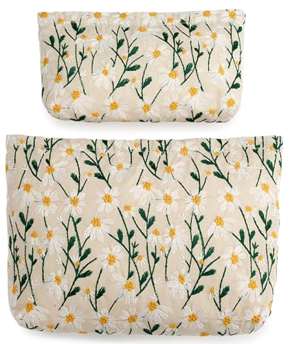 RIKMOXR 2 Pcs Makeup Bags, Large Cosmetic Bag Travel Toiletry Bag Organizer for Women, Embroidery Craft, Floral Makeup Bag Small Cosmetic Pouch Purse with Zipper Gifts for Girls Teen
