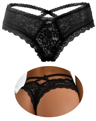 comeondear Perizoma Sexy Donna Pizzo Hot Tanga Traspiranti Taglie Forti Perizomi​​ Seducente a Vita Bassa Mutande Brasiliana G-String Lingerie Hard Mutandine Elasticizzate Intimo Nero,XS-S