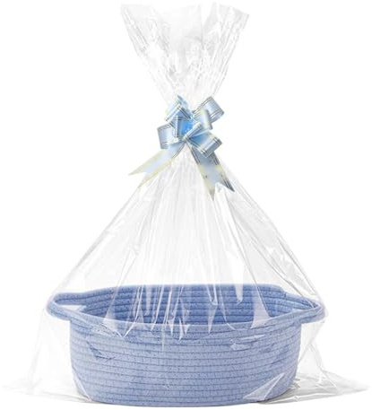 Suupii Gift Basket Hamper Kit, Hamper Baskets for Gifts Empty, Blue Basket with Cellophane Bags and Pull Bows, Woven Storage Gift Baskets Empty with Handles for Baby Shower Wedding Birthday