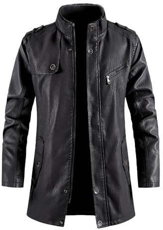 Generisch Veste de loisirs pour homme - Manteau en cuir mi-long - Grande veste coupe-vent - Texture tendance - Veste de rue, Noir , S