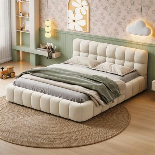 HYNHXBP Lit Bulle 160x200 cm, Lit Double avec Tête de Lit Rembourrée, Cadre de Lit Bas Capitonné en Tissu Lin, Sommier à Lattes Inclus, sans Matelas(Beige, 160 x 200 cm)