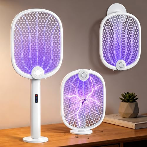 Rolgno 4000V Racchetta Zanzare Elettrica, 180° Piega Ammazza Zanzare Elettrico con Auto Trappola UV & Manuale, 1800mAh Ricaricabile, 5 Strati Adatto, Paletta Elettrica per Interni Esterni Cucina