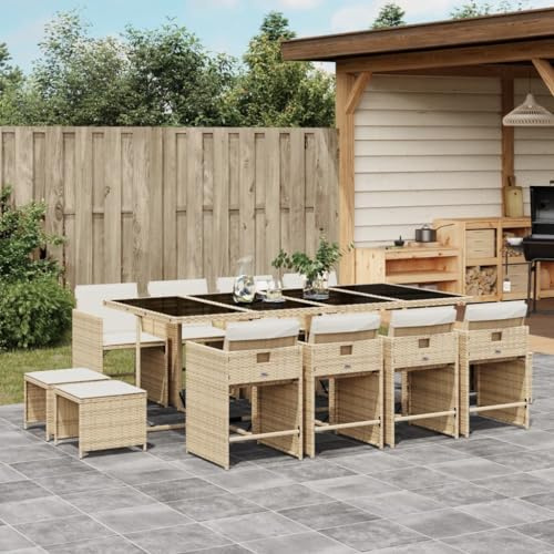 Brokky Juego de Muebles de Jardín en Ratán Conjunto Comedor para Jardín Exterior Mesa y Sillas De Comedor De Ratán-Beige-13 pzas/Cristal