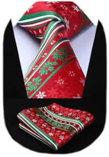 HISDERN Corbatas de Navidad Rojo verde para Hombre Patrón Copo de nieve Festivo Conjunto Corbata y Pañuelo de Xmas Fiesta Año nuevo