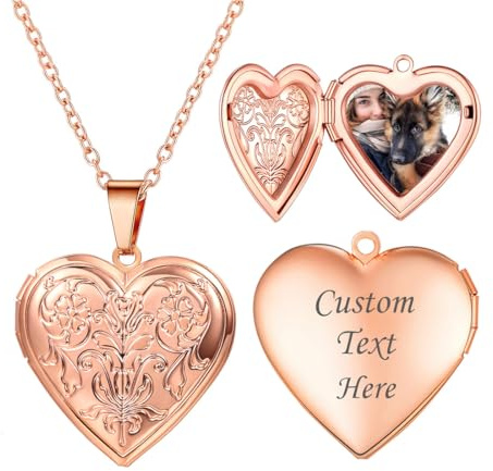 U7 Collier Médaillon Photo Femme Plaqué Or Rose Personnalisable Chaîne Pendentif Coeur avec Motif Gravures Fleurs