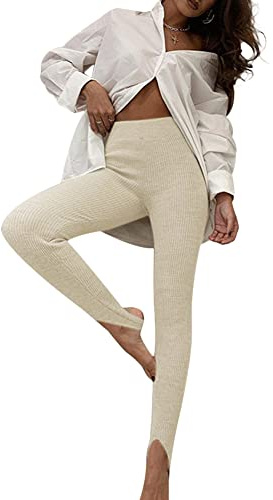 Legging en tricot côtelé pour femme Taille haute Coton Fitness Basic Leggings Skinny, beige, 38-40