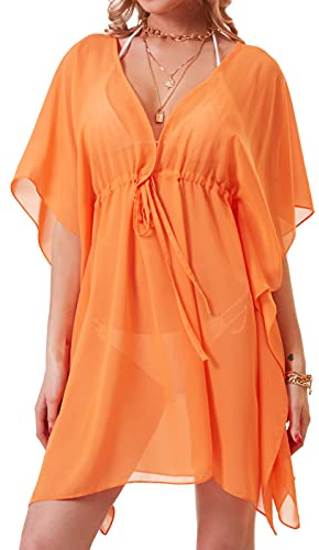 Robe de Plage Femme ete Cache-maillots kimono Maillot pour Bikini Couvrir Bain V-Cou Sexy couleur unie mousseline Beach Cover Up L'été paréo(Taille unique,Orange)