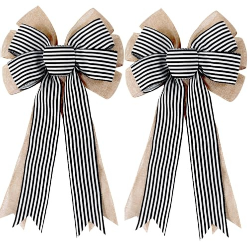 2 Pack Black White Stripe Burlap Fall Bows for Wreaths Decorations,Rustic Farmhouse Crafts Bow Wrapping Tree Topper Wedding Holiday Birthday Party Wall Home Front Door