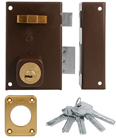 Amig - Cerradura de Sobreponer de Derecha con Palanca de Cierre - Lengüeta y Tirador para Puertas de Madera - Mod. 75, 72 x 112 mm - Cilindro Redondo de Seguridad - Acero Marrón