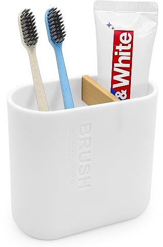 Toothbrush Holder with Bamboo Divider,Detachable for Easy Cleaning Multi-Functional Storage,2 Slots Electric Toothbrush and Toothpaste Organizer Caddy for Bathroom Vanity,Sink,Countertop (White)