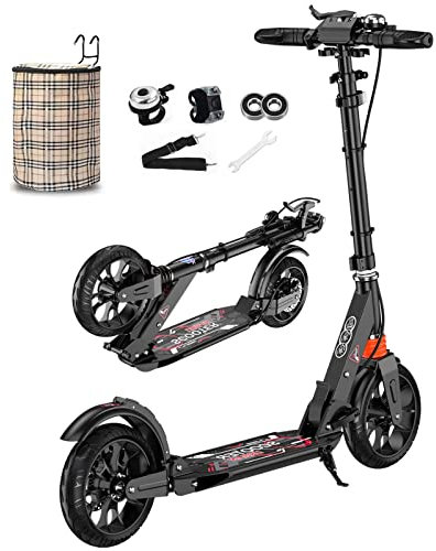 Bueuwe Big Wheel Scooter Tretroller Erwachsene 150 kg Tragkraft, City Roller für Erwachsene, Roller Kinder 10 Jahre, Cityroller mit Handbremse und Stoßdämpfer, 4 Höhenverstellbar, Schwarz
