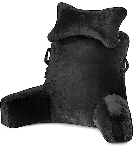 Lesekissen Bettauflage Kissen mit Abnehmbarer Nackenrolle & höherem Stützarm zum Sitzen in Bett, Couch oder Boden-Rückenlehne, Lesekissen, Erwachsenen-Rückenkissen zum Lesen, Fernsehen, Schwarz