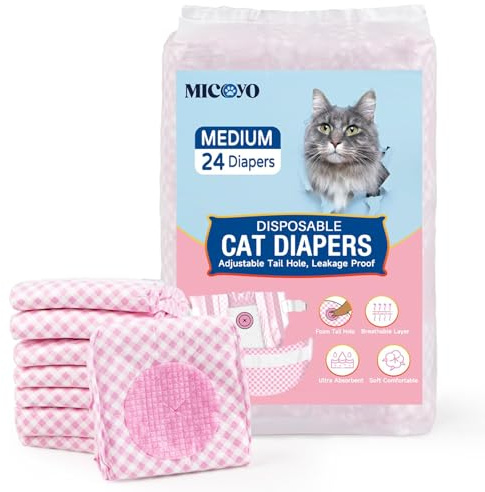 MICOOYO Disposable Puppy Cat Nappies, Super Absorbent Pet Diapers for Cats Small Dogs, Disposable Dog Diaper Pants for Female in Heat (M, 24Pack)