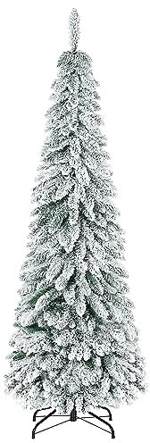 HOMCOM Albero di Natale Slim Innevato 180cm con 523 Rami e Base in Acciaio, Albero di Natale Alto e Stretto per Interni