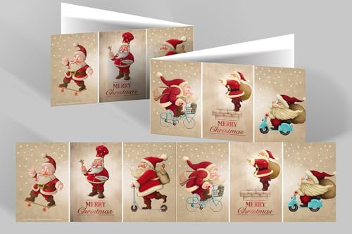 Edition Colibri Lot de 10 cartes de Noël XL amusantes + enveloppes avec Père Noël humoristique ; cartes panoramiques au format 42 x 10,5 cm dépliées (11146) Rouge/brun