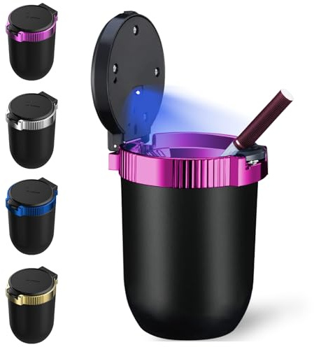 Windshoon Smokeless Car Ashtray with Lid - Stainless Steel Inner Container Windproof Ashtray, Portable LED Blue Light Auto Accessories for Travel, Detachable Mini Trash Can (Purple 1-Pack)