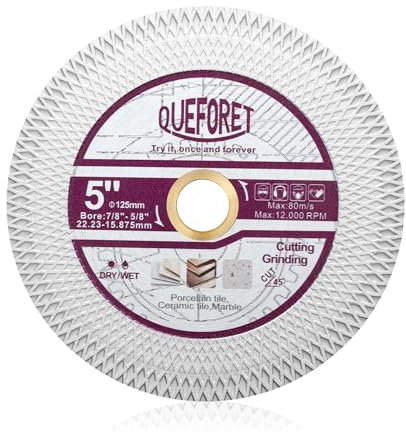 QUEFORET Disco Diamantato per Piastrelle 125mm - Disco Taglio per Taglio e Smerigliatura di Gres Porcellanato Ceramica Marmo Pietra Artificiale, con Rondella, Maglia X
