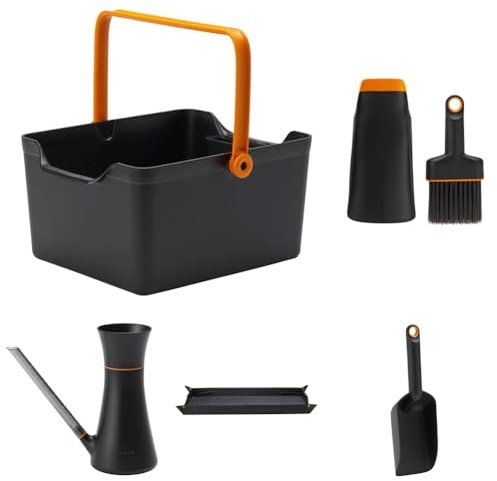 FISKARS Set de jardinería Urban Planting, Caja de almacenaje + Pala de Plantar con Cepillo + Pala de Mano con Borde Extra Alto + Alfombrilla de Plantar, Plegable + regadera (1,2 L)