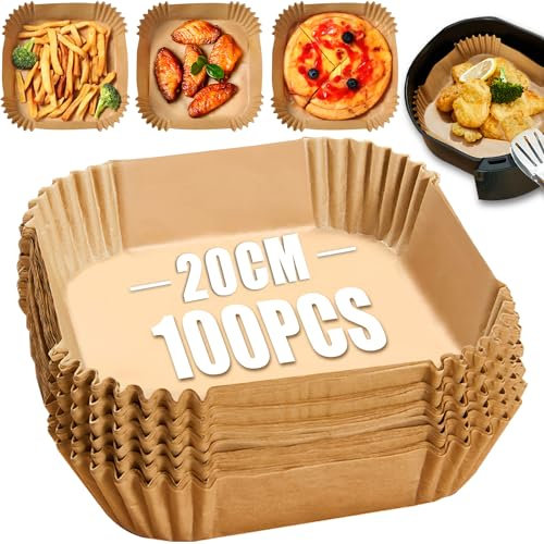 TEEUCNY Backpapier für Heißluftfritteuse 100 Stück, Airfryer Backpapier Eckig 20-24cm, Antihaft Wasserdicht Ölfest Luftfritteuse Schalen Zubehör, Quadrat, 4,5-7,5L XXL für Airfryer Ofen Mikrowelle
