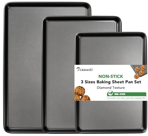 Tiawudi Baking Sheet Pan Set, 0.8mm Thick Heavy Duty Cookie Sheet with Diamond Texture Pattern, Nonstick Baking Tray for Oven, Carbon Steel Half, Jerry Roll Pan, Set of 3