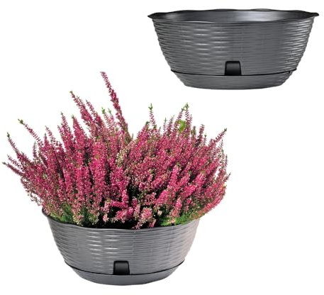 GarPet 2er Set Pflanzschale Blumenschale Pflanzschalen für draussen Bonsai Topf Pflanzschale Rund inkl. Untersetzer Grabschale Anthrazit 30 cm