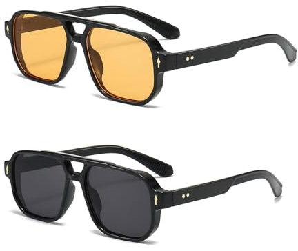 YAMEIZE Lunettes de Soleil Retro Pilot Double Bridge - Rectangle pour Femmes Hommes Lunettes Vintage Carrées de Style Classique avec Protection UV400 pour la Conduite à l'extérieur