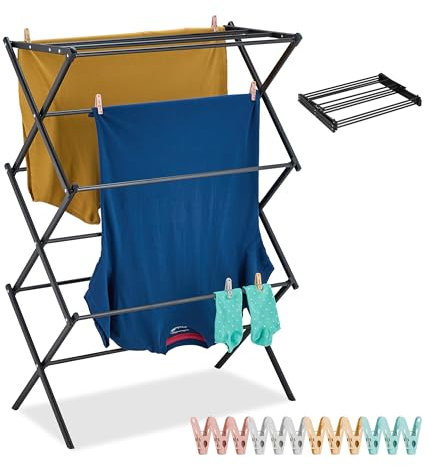 Relaxdays Stendibiancheria Pieghevole, Stendino Verticale a Torre, 11 Aste e Mollette, 105x74x37 cm, in Acciaio, Nero, Plastica