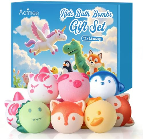 Aofmee Bath Bombs for Kids, 12 Pcs Kids Bath Bombs, Essential Oil Natural Organic Bath Bomb Gift for Children Boys Girls, Fizzies Spa Kit Present for Birthday Christmas Easter