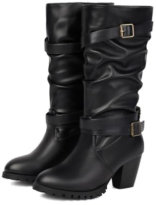 TNMIUH Bottes Femmes à Talons, Cuir/Suède Noir, Talon Bloc 6.5cm, Style Slouchy avec Boucles Décoratives, Bottes Hauteur Mi-Mollet Automne-Hiver,Black Leather,43 EU