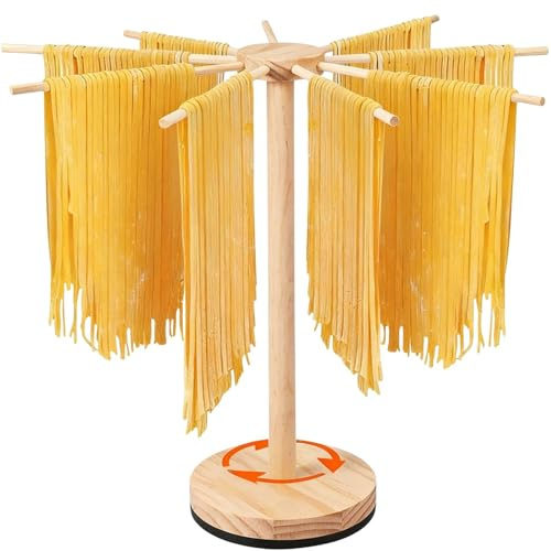 KEGAJEGA Secador de pasta plegable de madera, 45 cm de altura con 9 soportes extraíbles de 23 cm, soporte para pasta para secar, portátil, giratorio, para espaguetis secos, fideos chinos, pasta de