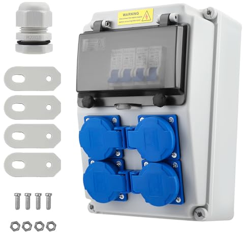 Caja de Distribución Eléctrica para Obra 16A, Distribuidor de Corriente 230V para Construcción IP67 para Montaje en Pared con con 4 Enchufes Schuko Disyuntor, para Talleres, Fábricas y Obras
