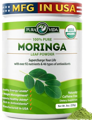 PURA VIDA MORINGA Organic Moringa Powder, Premium 100% Leaf Powder Single Origin - USDA Organic Moringa Oleifera Leaf, Perfect for Smoothies & Recipes, 8 oz